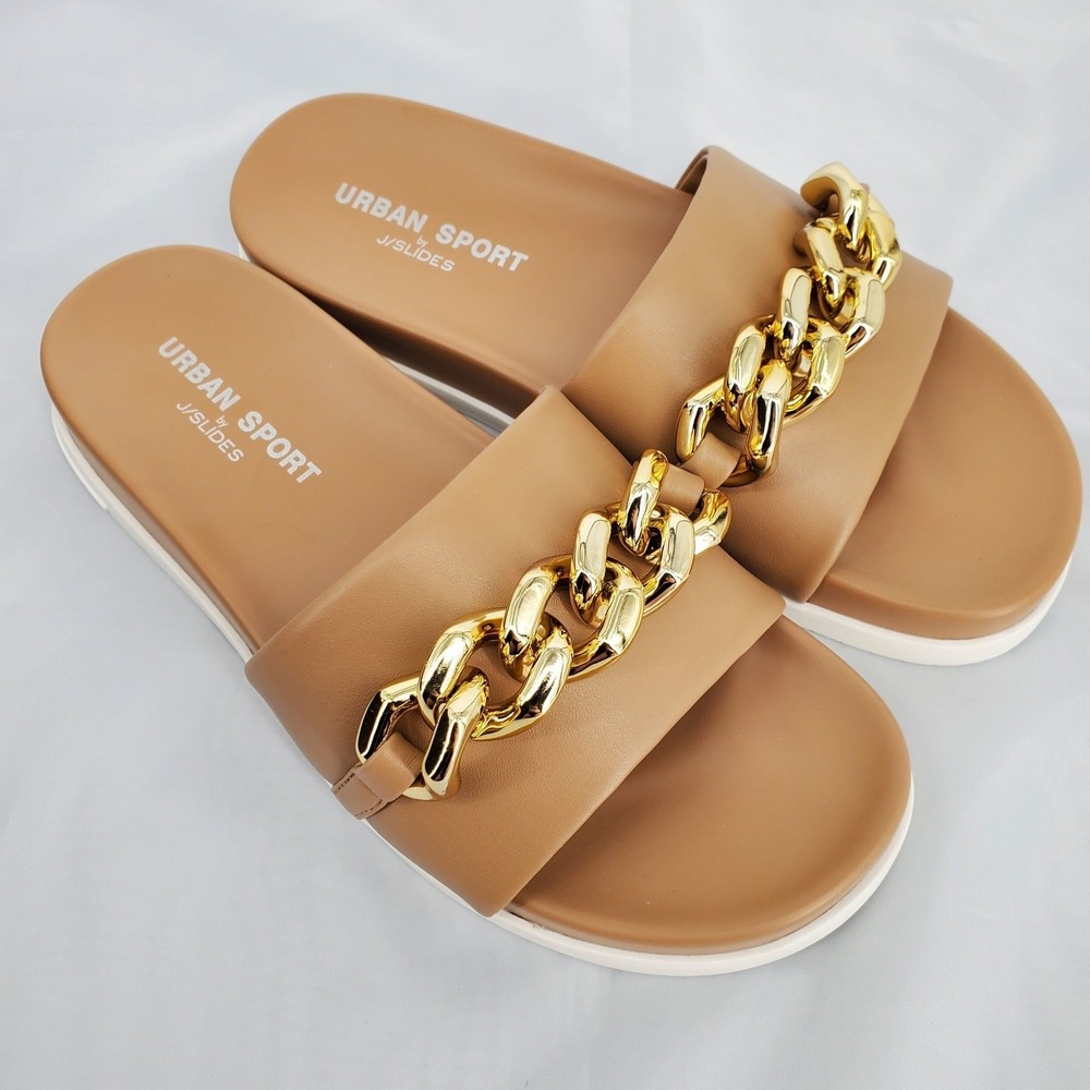 Urban Sport by J Slides Fruit Camel Luxe Gold Chain Slide Sandals Womens 8M New